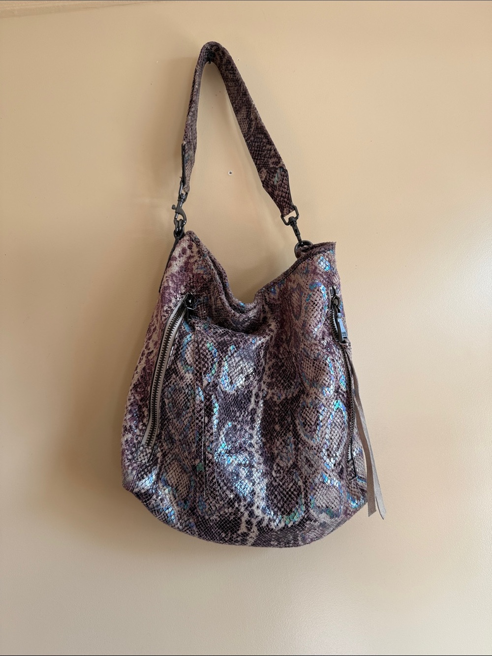 Aimee Kestenberg Iridescent Purple Snake-Print Shoulder Hobo